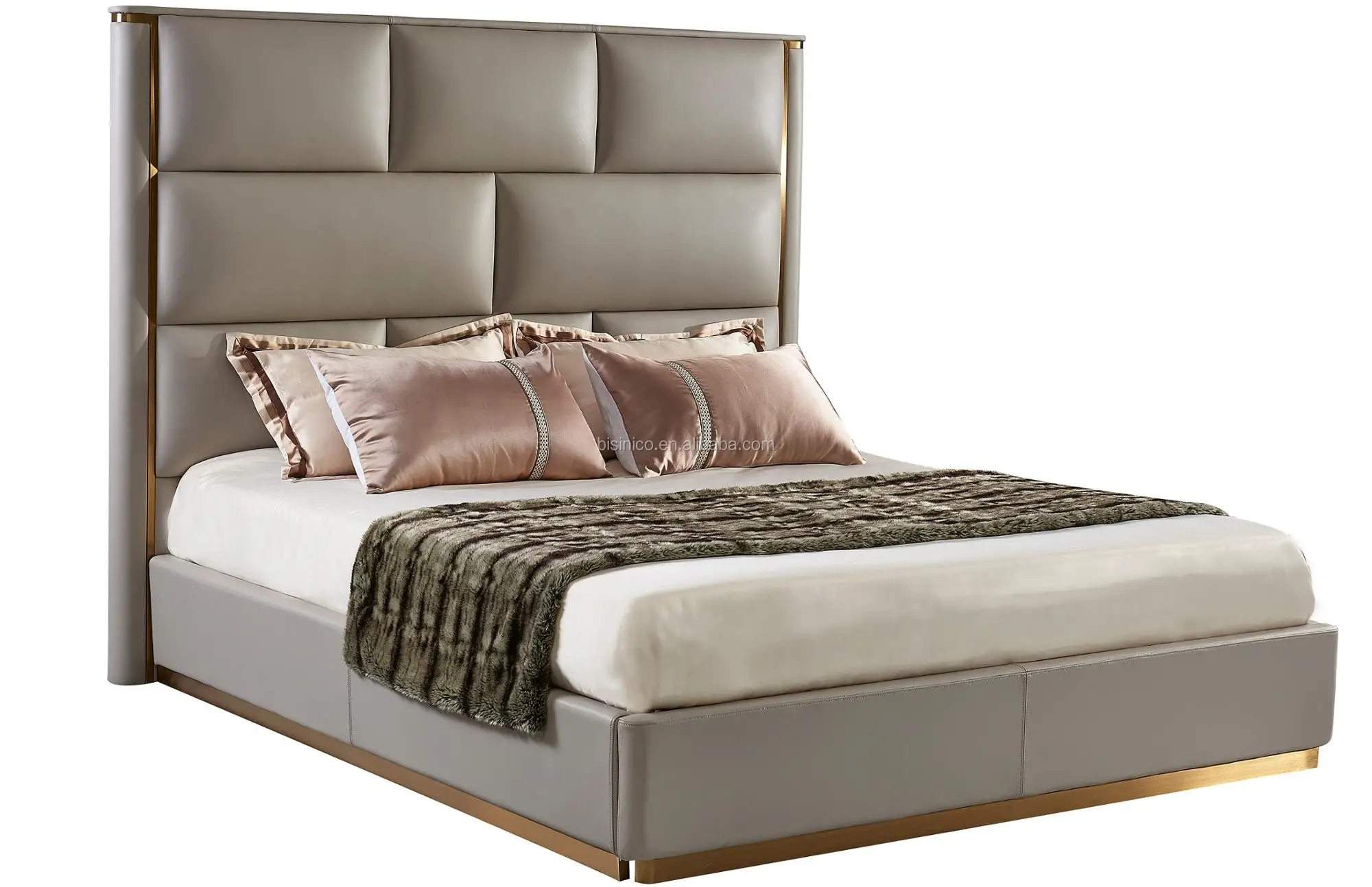 Post-modern Irregular Genuine Leather Stainless Steel King Size Bed ...