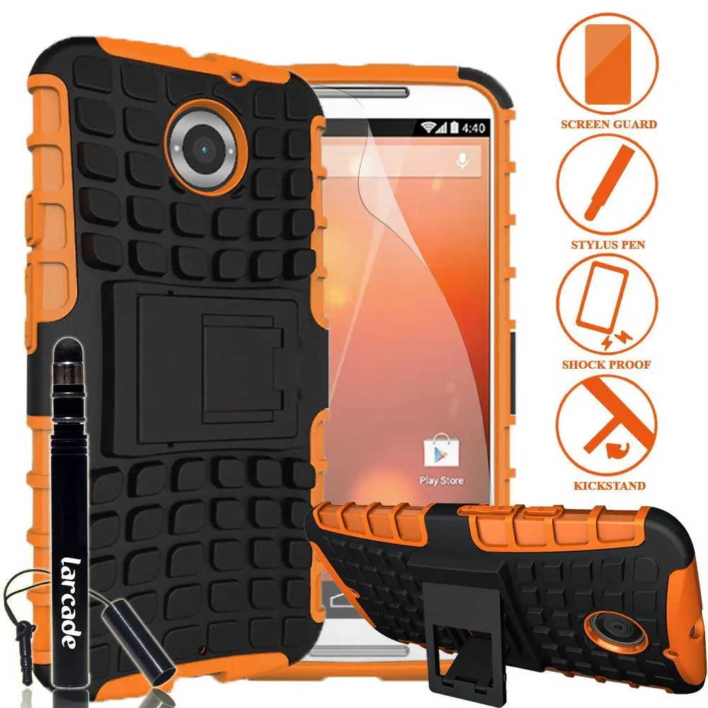 LARCADE (TM) 3 in 1 Bundle - Motorola Moto X (2nd Gen.) Phone 2014 Release - Heavy Duty Grenade Armor Case with Kickstand - Orange (Include Premium Screen Protector & Sensitive Cap Stylus Pen by LARCADE) - Not Fit Moto X Phone (1st Gen.) 2013 Release