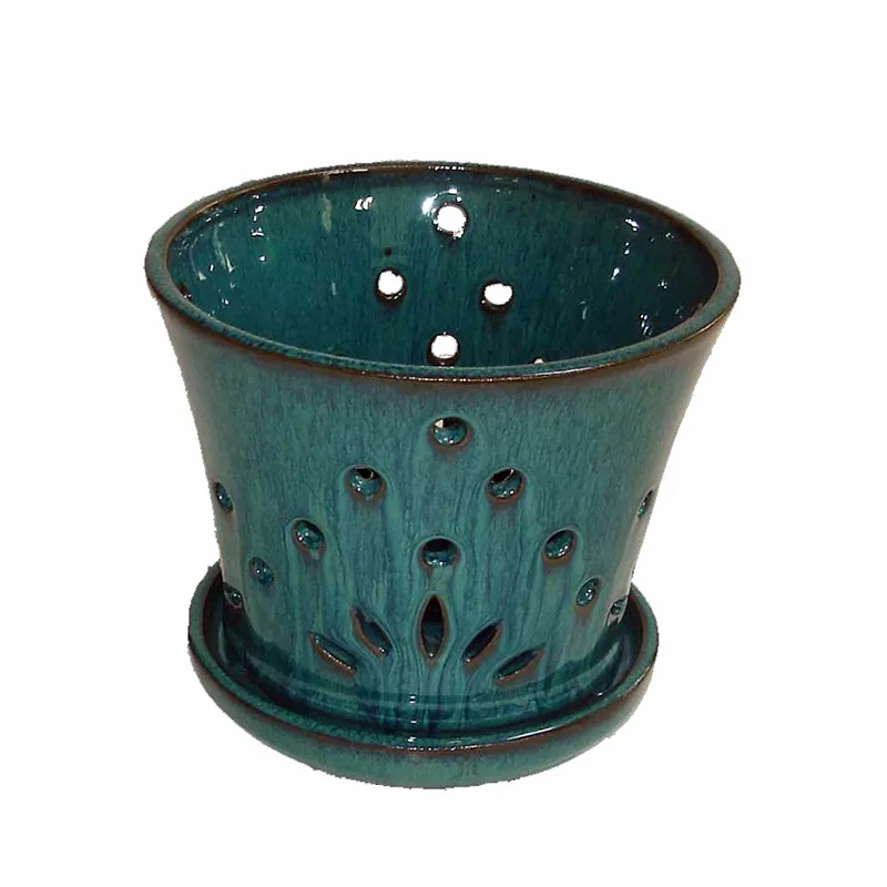 Unique Design Ceramic Orchid Pot Creative Green Flower Pot With Tray