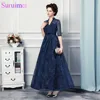 New Arrival Tea Length Prom Dresses Lace With Jacket Backless Navy Blue Prom Gown Half Sleeves