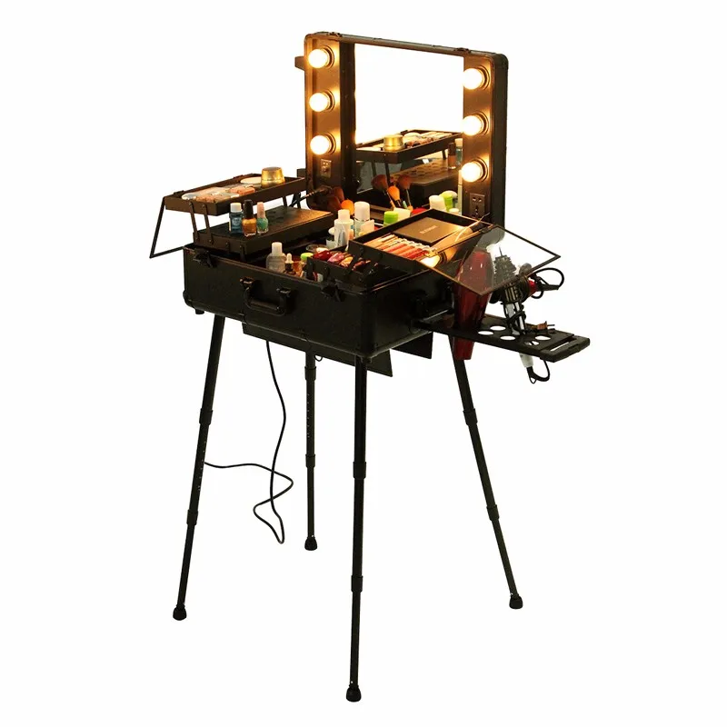 Salon Furniture Portable Professional Rolling Aluminium Trolley Case Studio Makeup Station With