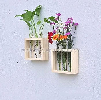 Wall Hanging Plant Test Tube Flower Bud Vase In Wooden Stand