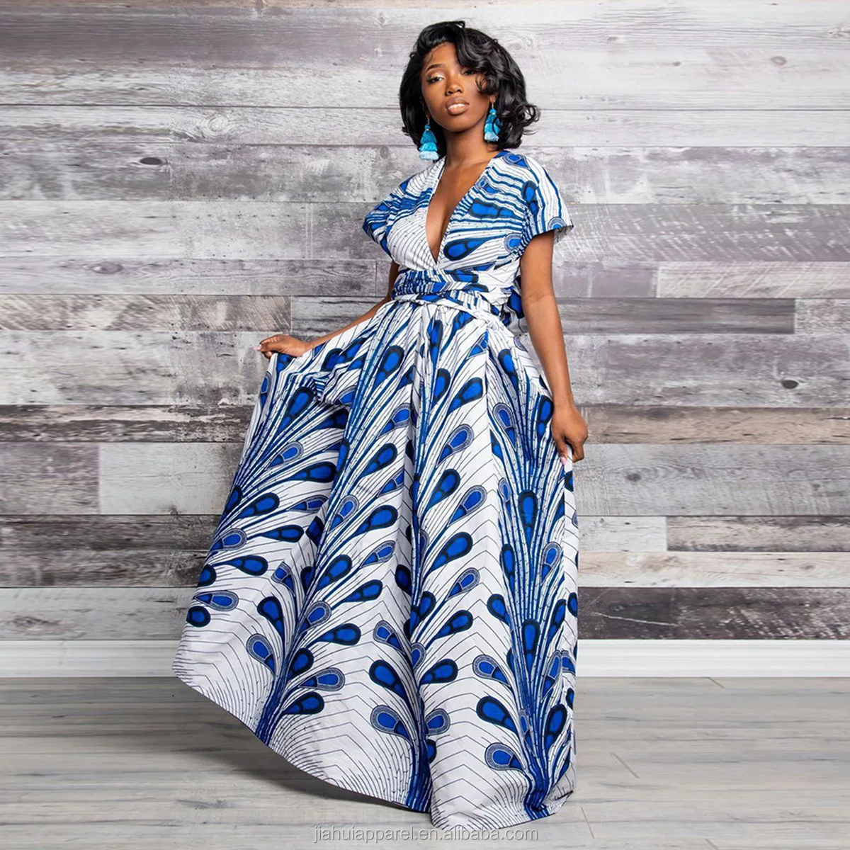 Latest African Kitenge Fashion 2019 Maxi Printed Peacock Women Dresses 