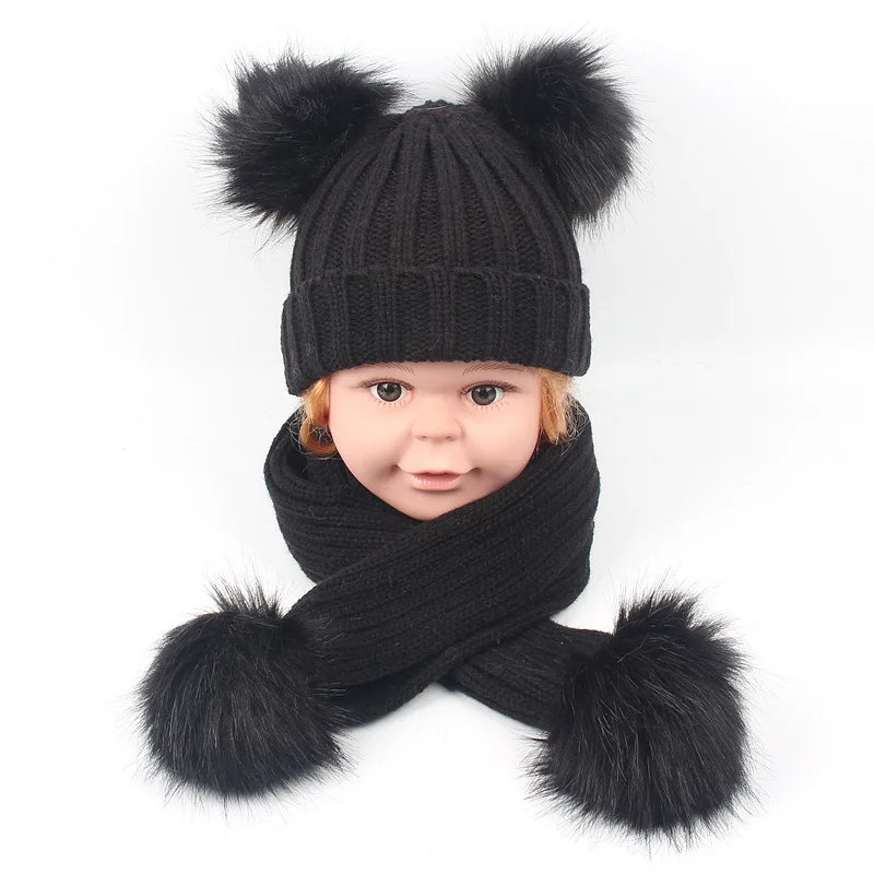 Children Winter Warm Knitting Beanie Real Raccoon Fur Fluffy Ball Bobble Pom Hat