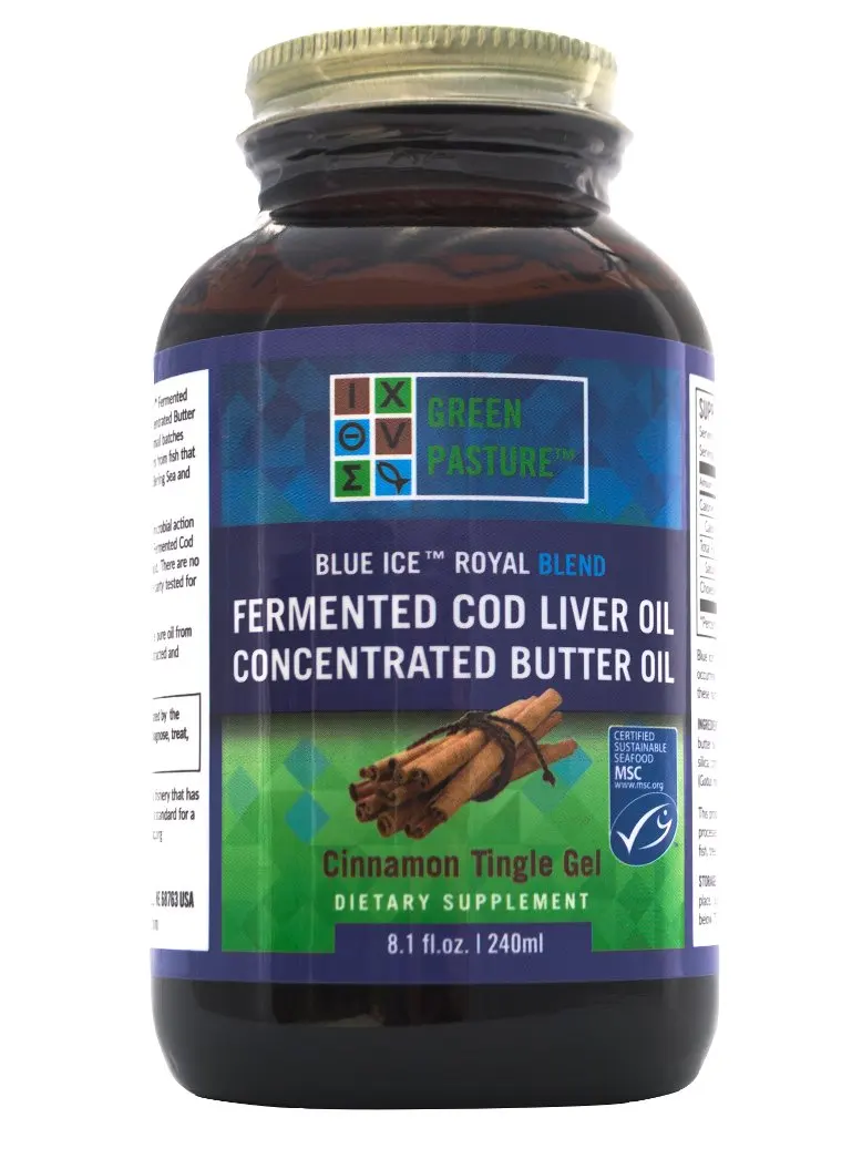 Green Pasture's Blue Ice Royal Butter Oil / Fermented Cod Liver Oil Blend - CINNAMON GEL - 8.1 fl.oz (240ml)
