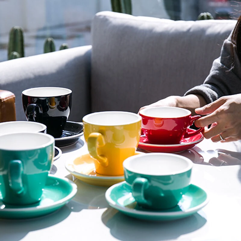 Beautiful colored french style small espresso cappuccino ceramic coffee cup with saucer