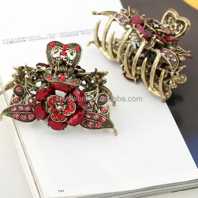 Retro Grip Red Gemstone Hair Pin Flower Butterfly Alloy Hair Pin