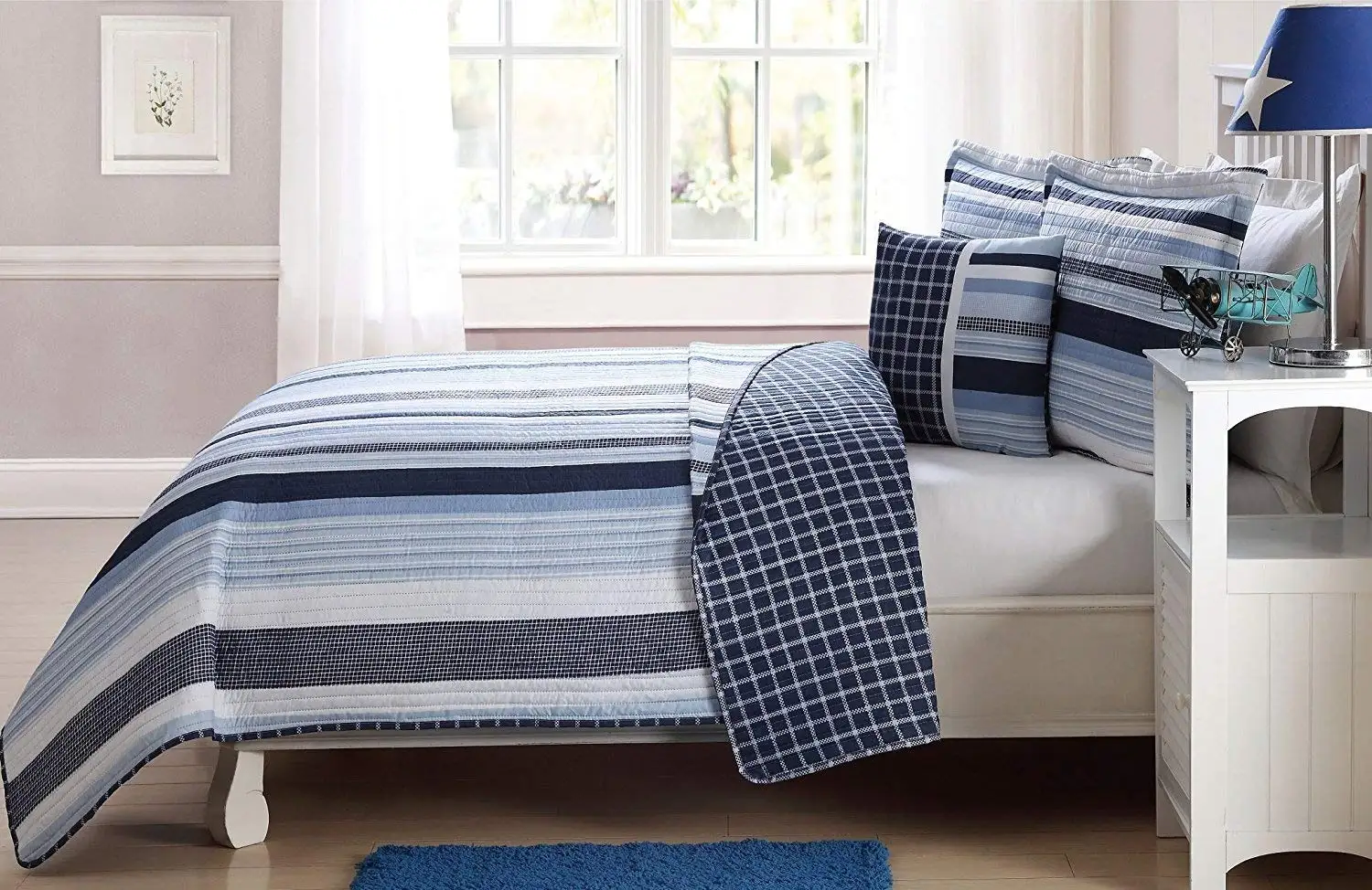 Fancy Linen 3 Pc Twin Size Bedspread Coverlet Reversible Elegant Stripes Blue White New # Elegant Stripe