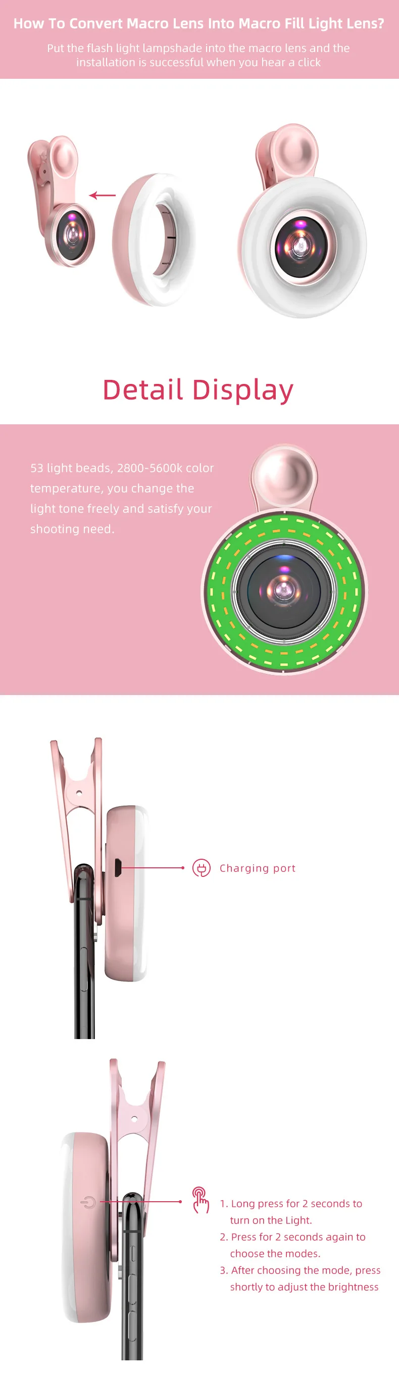 2 In 1 Adjusted Ring Light Clip On Macro Lens For iPhone