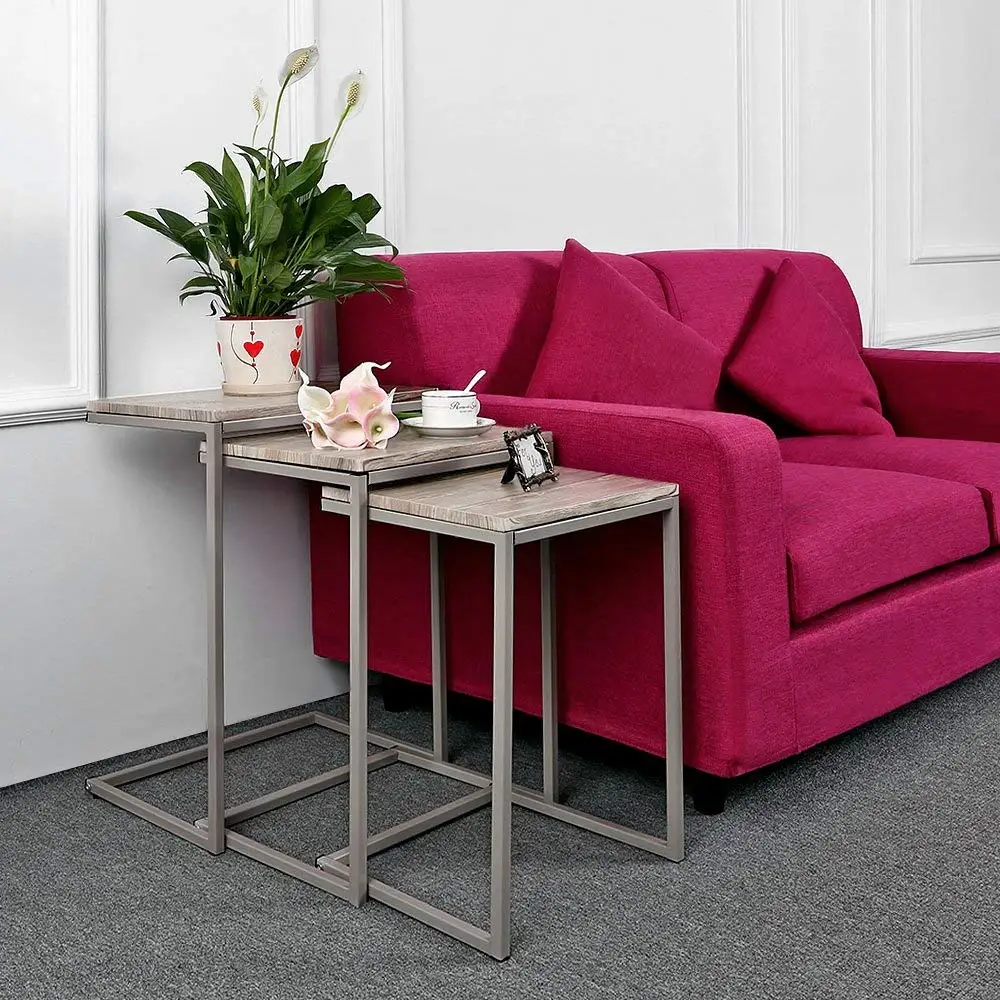 Buy nesting side end tables set of 3 steel frame stone top 