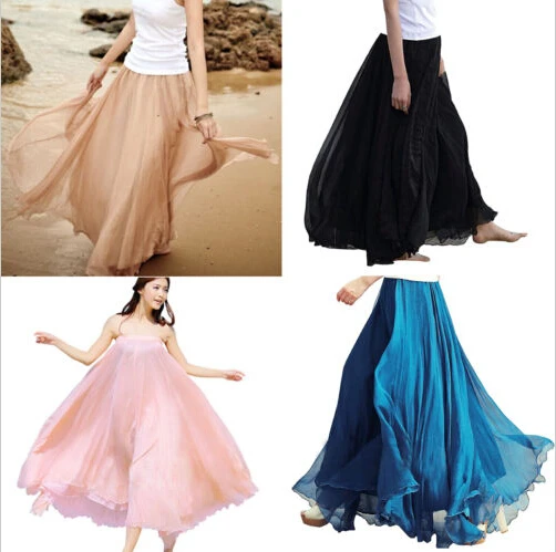 New Women Retro Chiffon Pleated Double Layer Skirt Long Elastic Waist Maxi Dress