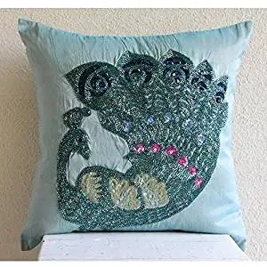 Buy Designer Blue Pillow Shams Beaded Peacock Pillow Sham 24 X24