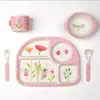 FDA and LFGB certificates Fancy decal print 4 compartment plate design 5pcs Bamboo fibre kids dinnerware set