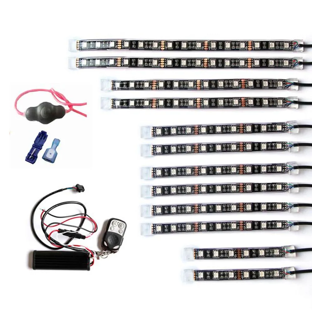 12pcs RGB Motorcycle LED Strip Light Kit UnderGlow Strip with Wireless Remote Controller