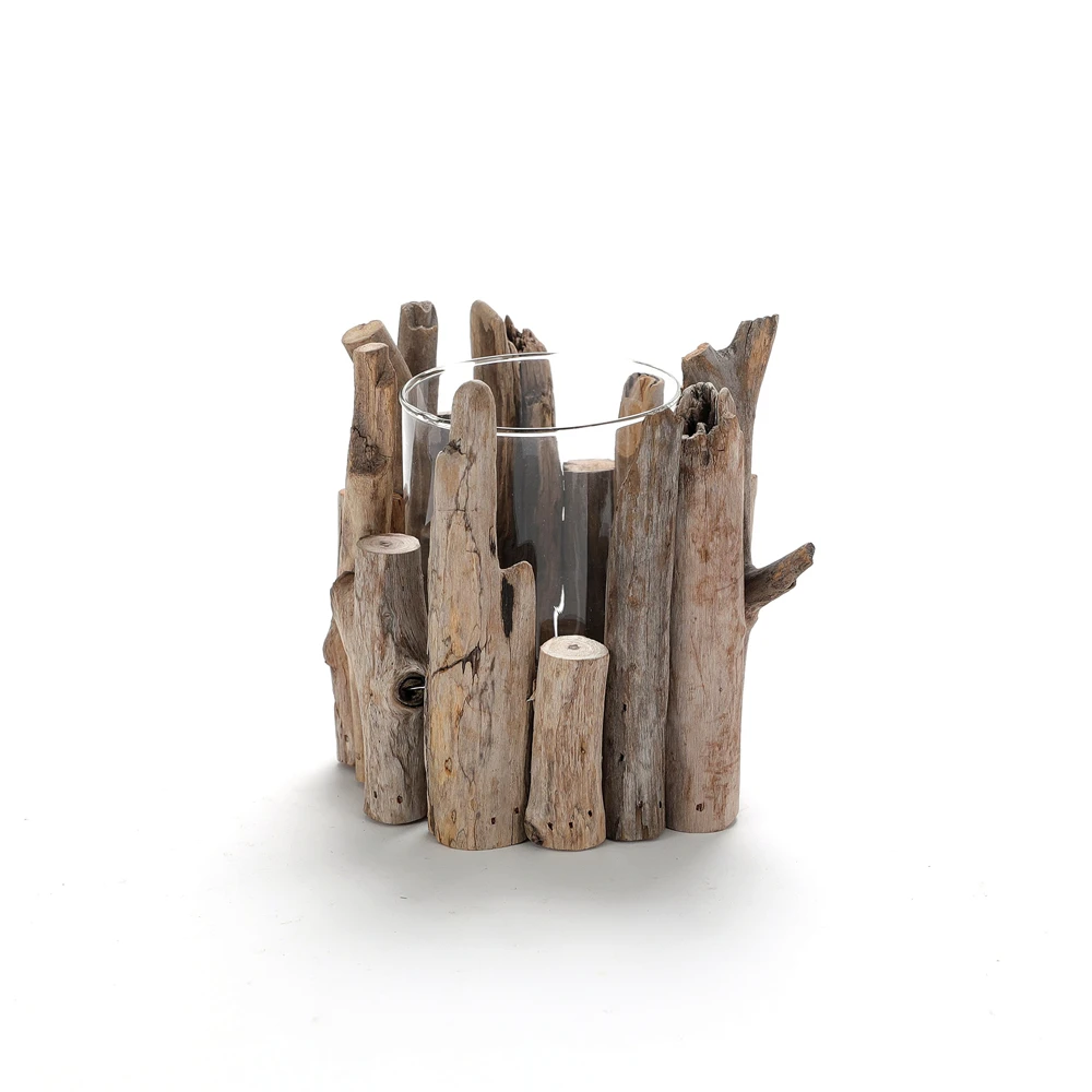 Medium Natural Driftwood Hurricane Candle Holder with glass cup and tealight.JPG
