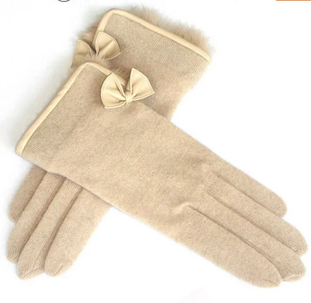 ladies top fur glove bow washed sheep wool gloves