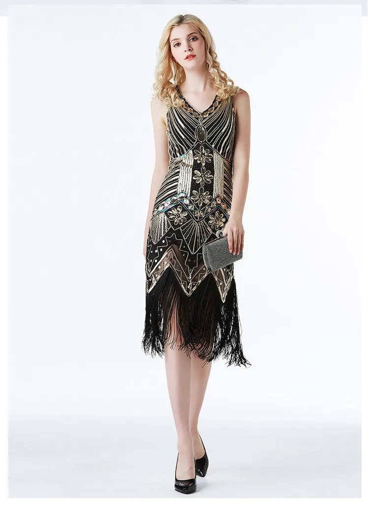 Coucoland Womens Plus Size Flapper Dresses 1920s V Neck Beaded Fringed Great Gatsby Dress 