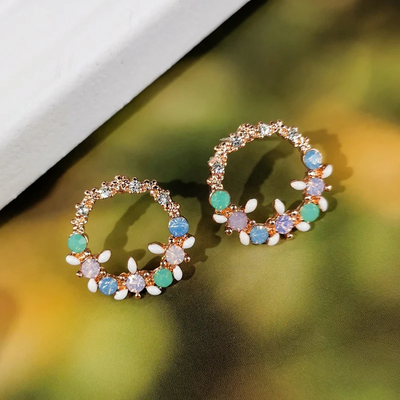 Ed01981d Earring For Women Rose Gold Plated Multi Color Enamel Flower ...