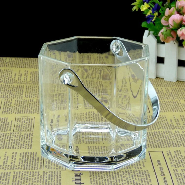 Clear Haonai Glassware Bucket,Glass Ice Bucket With Stainless Steel
