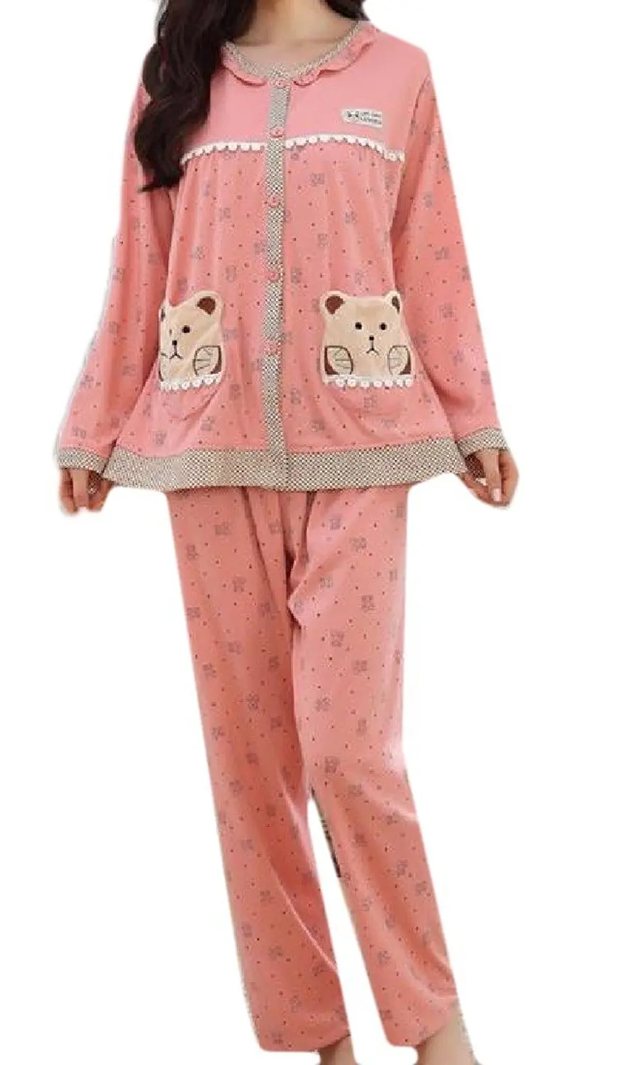 Sheng Xi Womens Printed Button Down Stitching Bear Novelty Pajama Lounge Set