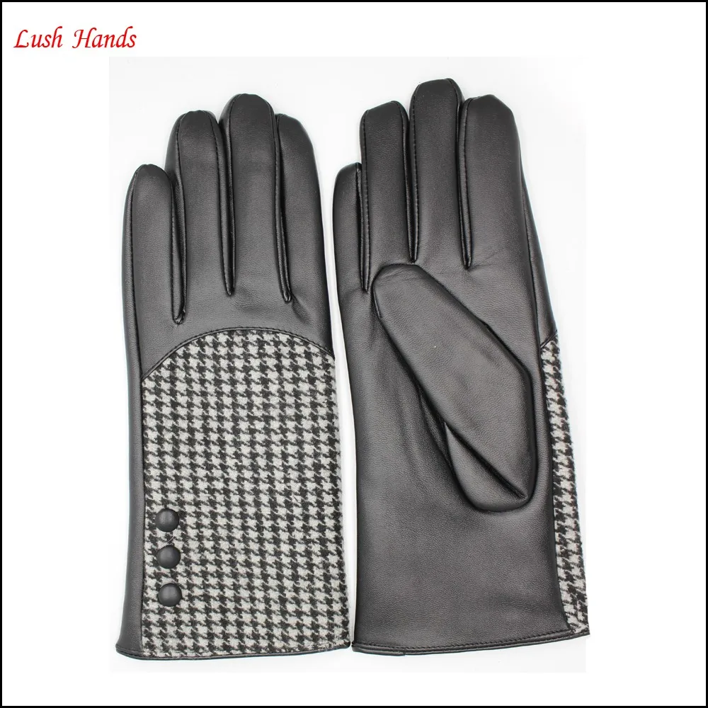 fashion and cheap women's PU leather and houndstooth fabric joined glove with button
