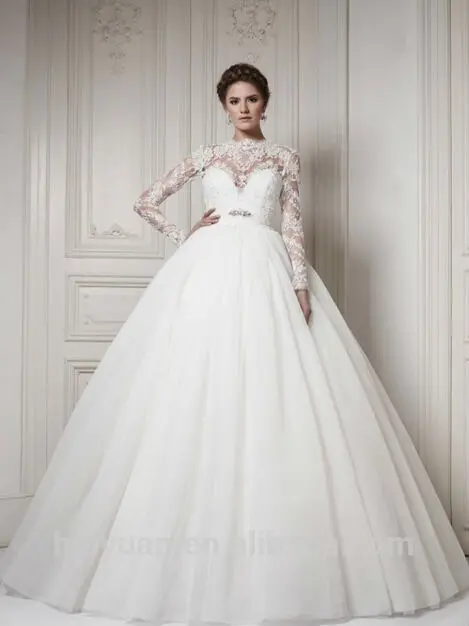 de alta calidad de alta cuello vestidos de novia de manga larga de