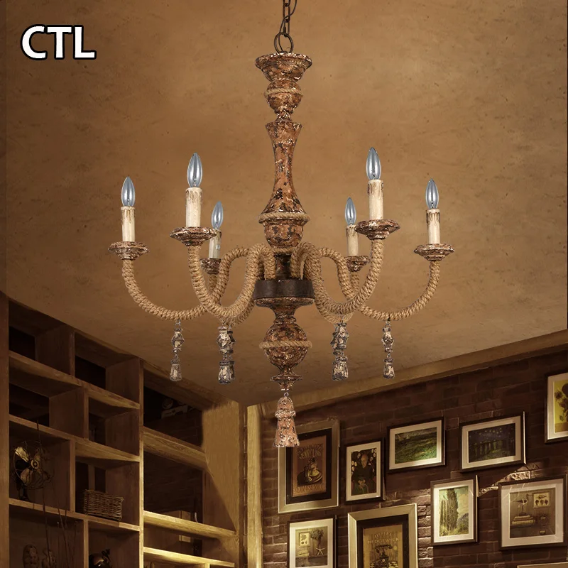 E14 Candle Hemp Rope Retro Chandelier Lights With Earrings Rustic