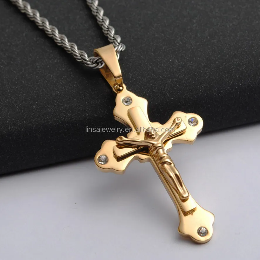 Stainless Steel Yellow Gold Plated Inri Jesus Piece Cross Pendant ...