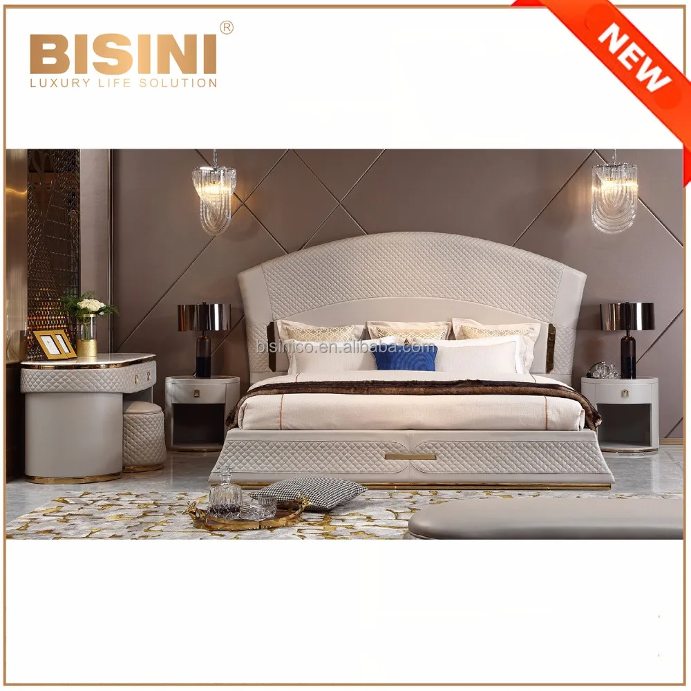 Wonderful Deluxe Post Modern Bedroom Furniture King Queen Size Bed Wonderful Deluxe Post Modern Bedroom Furniture King Queen Size Bed Elegant Italy Beige Leathe Upholstery Top Quality Wedding
