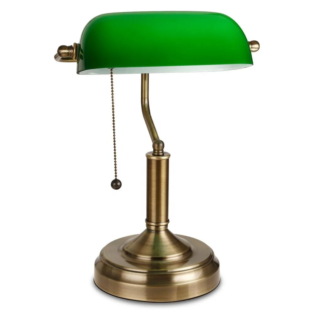 M-1096 Vintage Banker Lamp: Antique Brass & Emerald Green Table 