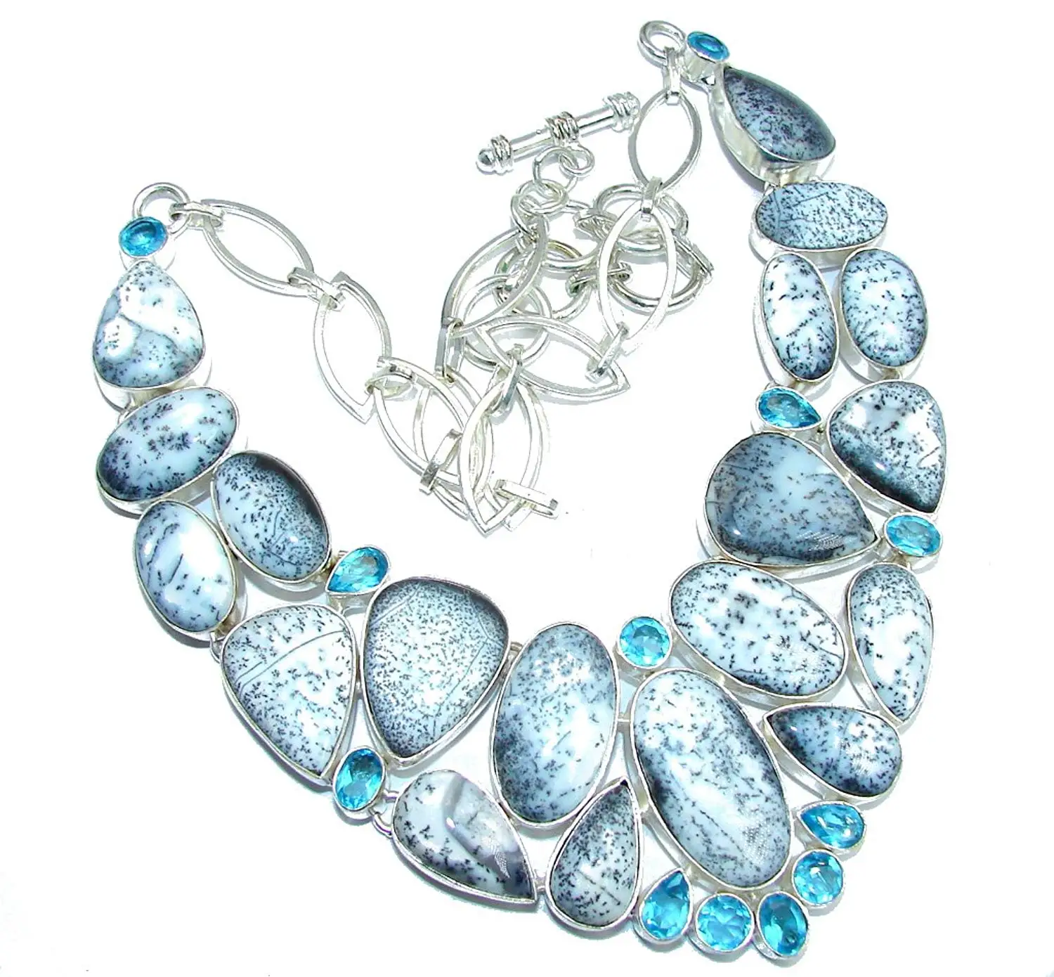eurasia Handmade Natural Oval Shape Dendritic Agate Blue Quartz Gemstone Silver Plated Cuff Bracelet