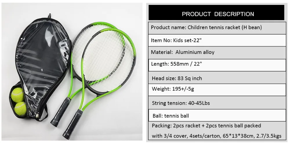 Junior Tennis Racket Set 22'' Tennis Aluminium Alloy With Tennis Balls