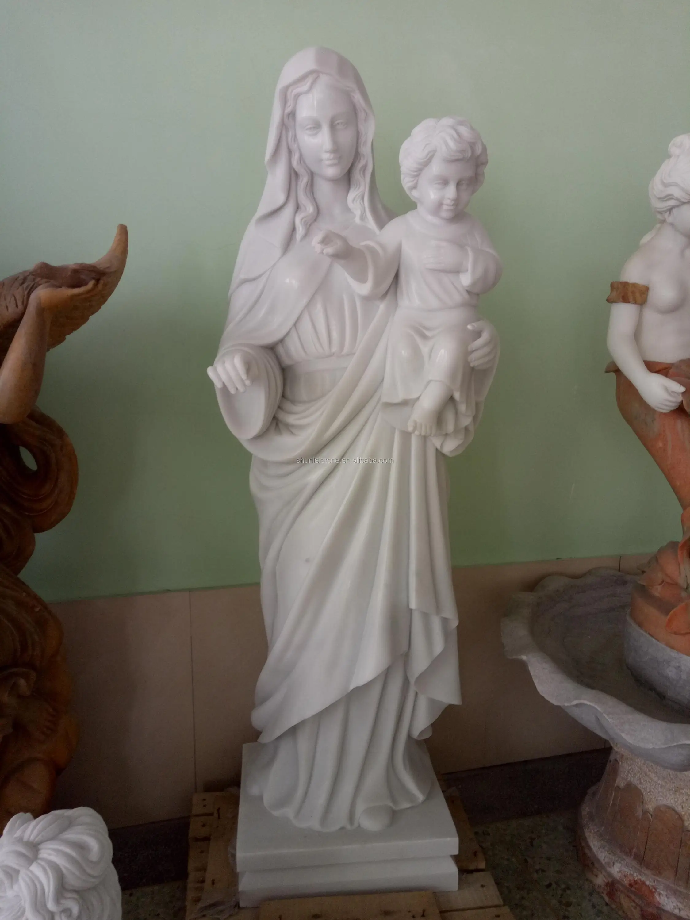 高抛光的生命大小白色大理石圣母玛利亚雕像