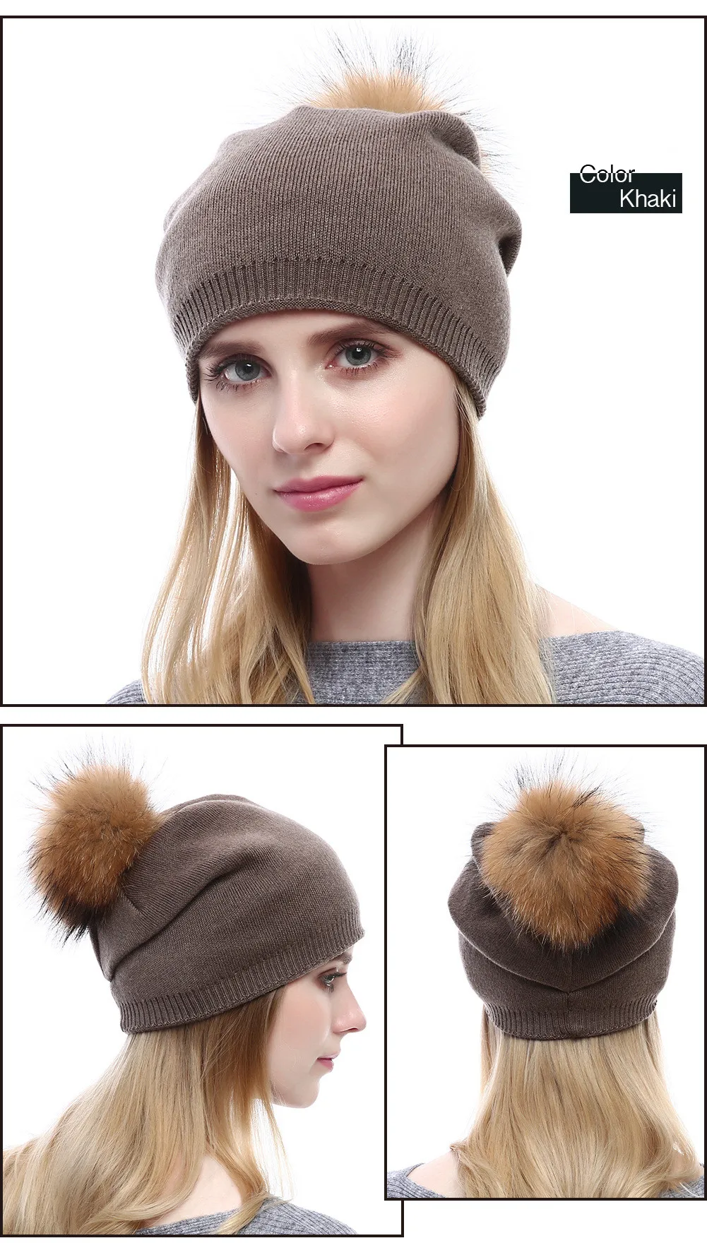 High Quality Cashmere Hat With Fur Pom Pom Women Knitted Cashmere Hat