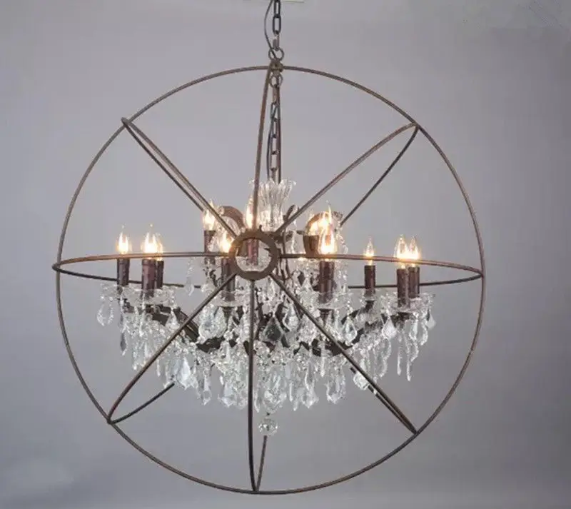 Vintage Orb Clear K9 Crystal Chandelier Rustic Iron Globe