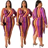 Plus Size Clothing for Woman Long Sleeve V Neck Dress Colorful Stripes Wrap Dress