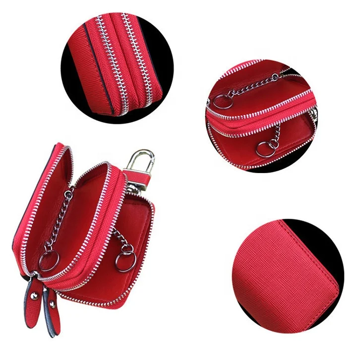 Hot Sale Double Zipper Car Key Pouch With Car Key Ring Cowhide Leather Key Holder Bag With Key Chain.jpg