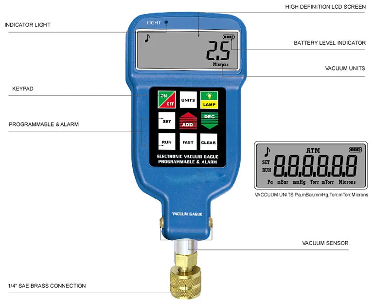 Super High Accuracy Digital Programmable Vacuum Meter 1/4'' Sea Brass