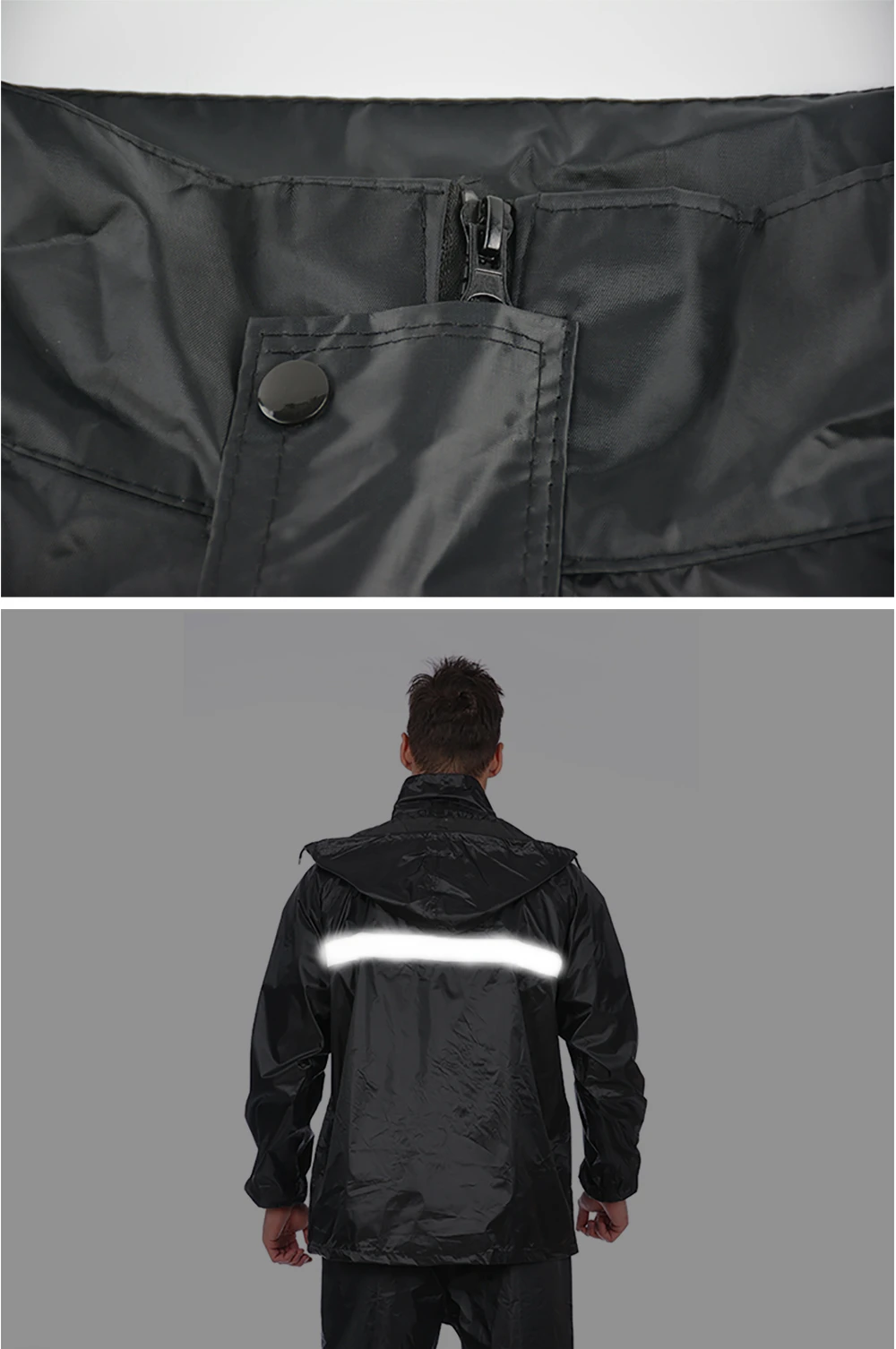 High Quality Raincoat Black Color 170t Polyester Mens Reflective Double Layer Rainsuit With Mesh Lining