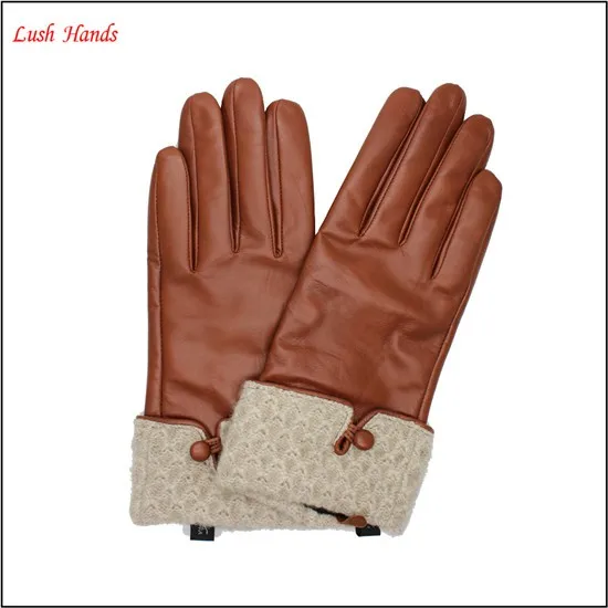 cashmere warm cuff brown leather gloves nappa ladies leather gloves
