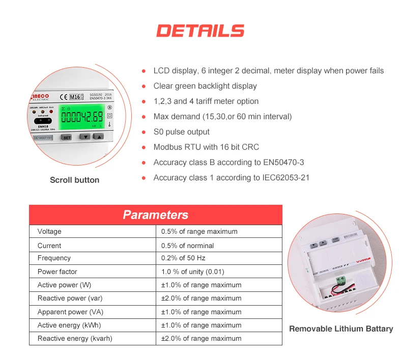 Em418 Mid Approved 1 Phase 220v Din Rail Power Meter 10(100)a Watt ...