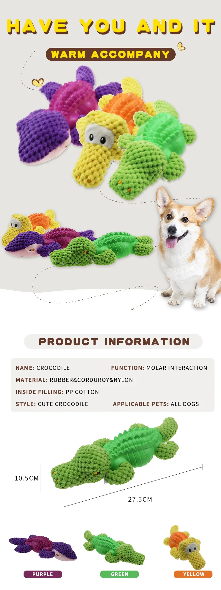 Crocodile corduroy squeak plush dog toy design  Best Interactive Toy Pets