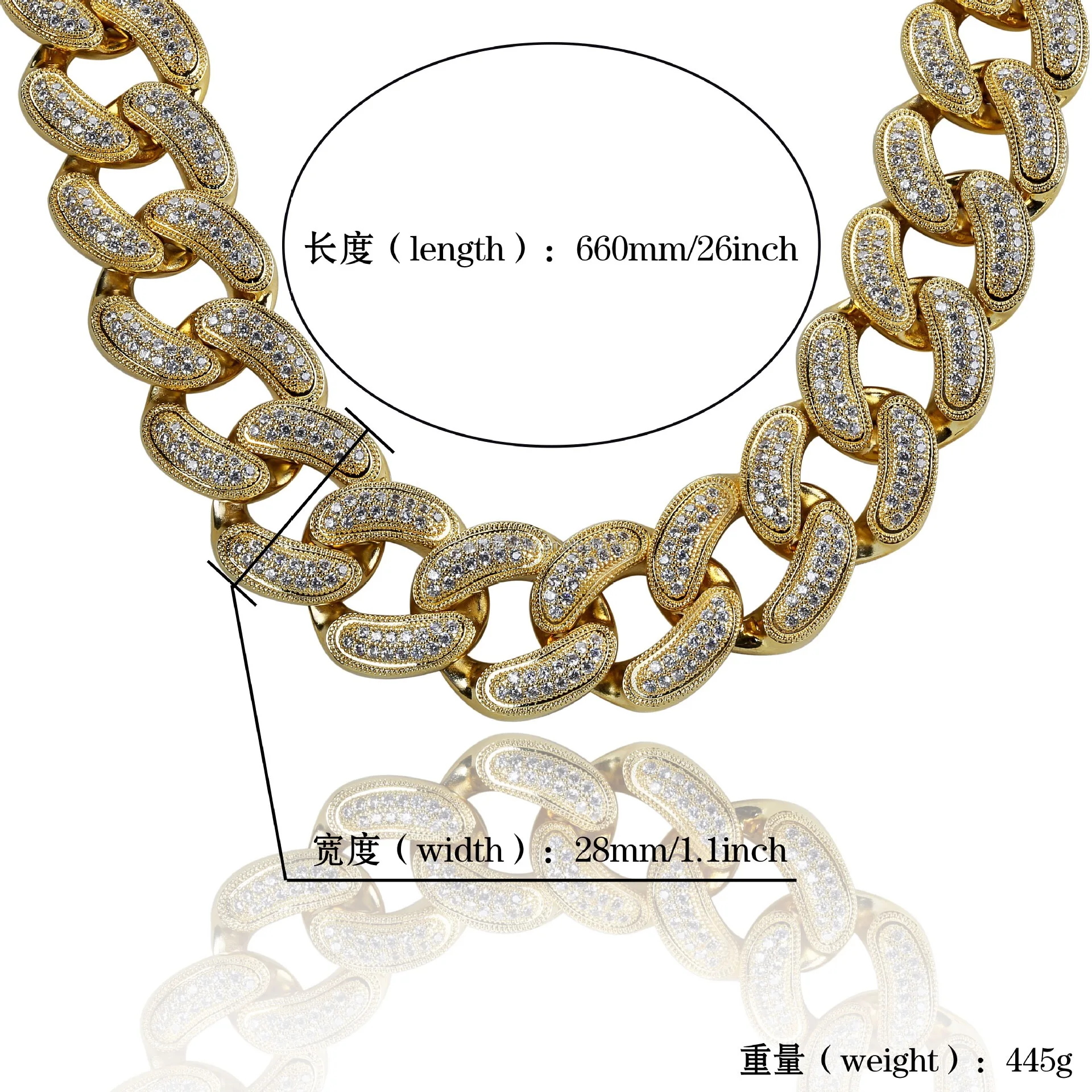 28mm Lab Diamond Long Chain Necklace 26'' Big Men Gold Chain Link