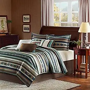 7 Piece Turqouise Blue Brown Tan Southwest Comforter King Set, Native American Southwestern Bedding, Horizontal Tribal Stripes Geometric Motifs Lodge, Indian Themed Pattern, Vibrant Western Colors