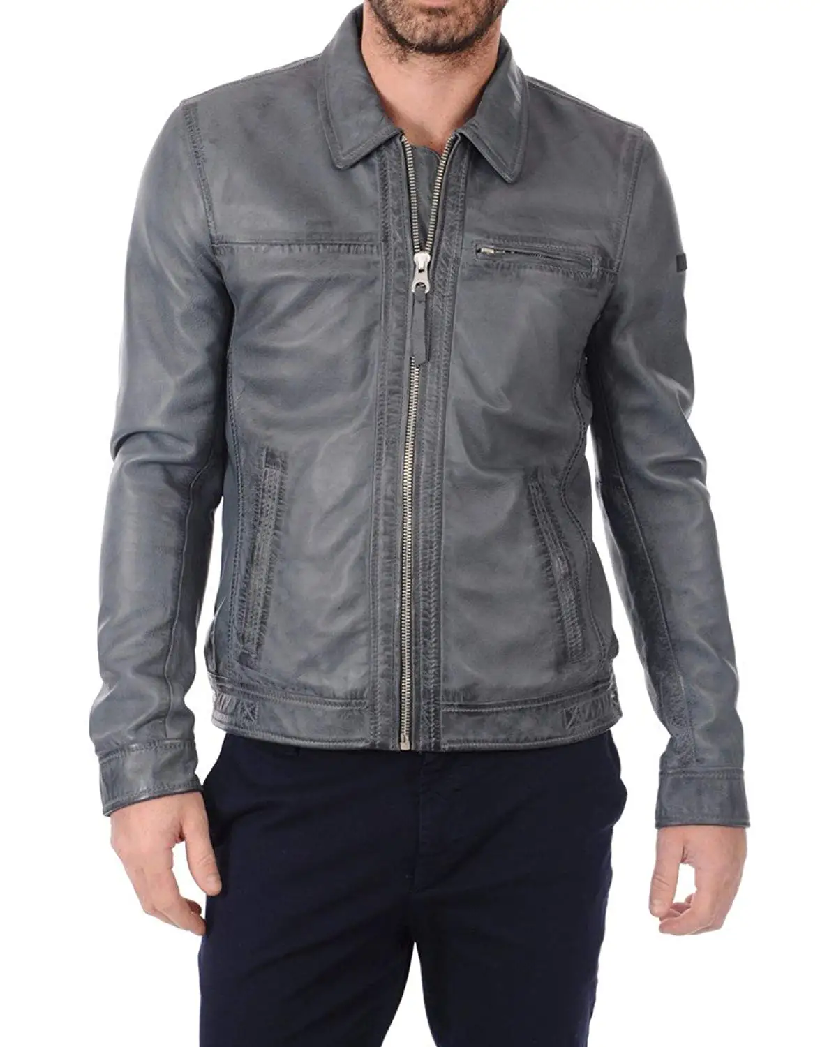 LEATHER FARM Men's Lambskin Leather Bomber Motercycle Jacket