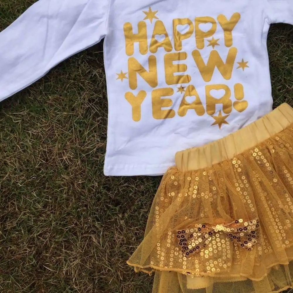 Pakaian Bayi Lengan Panjang Happy New Year Desain Top Payet Emas