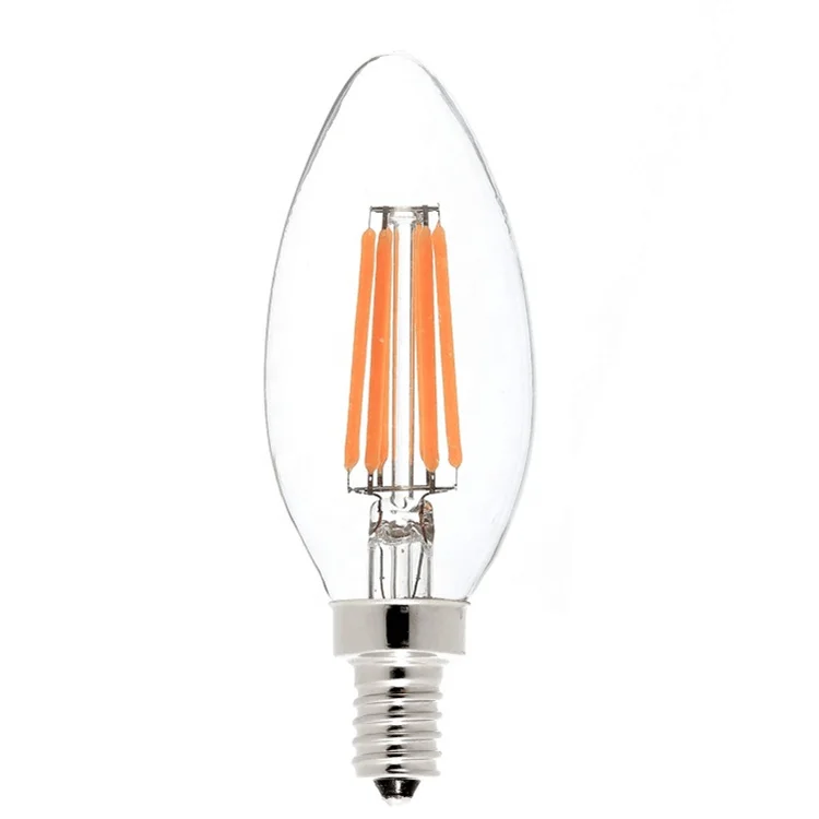 Hot Selling E14 Base LED Filament Candle Shape Lightbulb C35 Clear Glass Torpedo Shape Bullet Top For Indoor Lighting