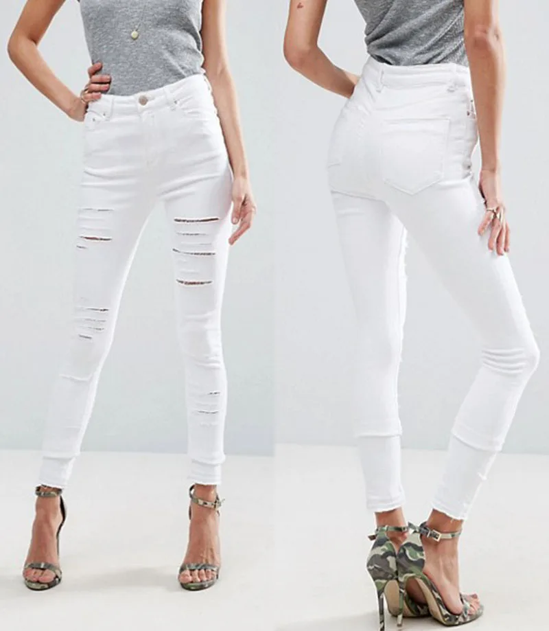 Latest Slim Fit Scratch Jeans Girls Plain Ripped White Women Pencil ...