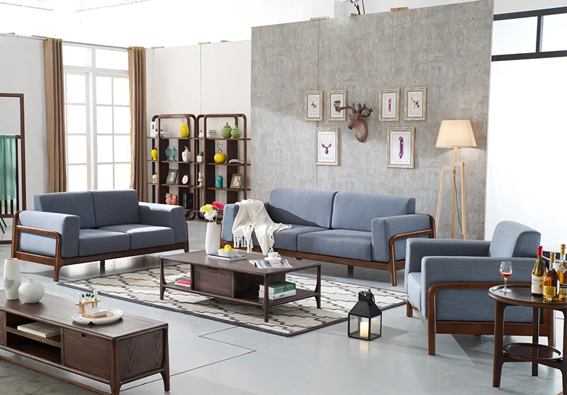 Blue color fabric sofa living room 1+2+3 walnut color wooden sofa set