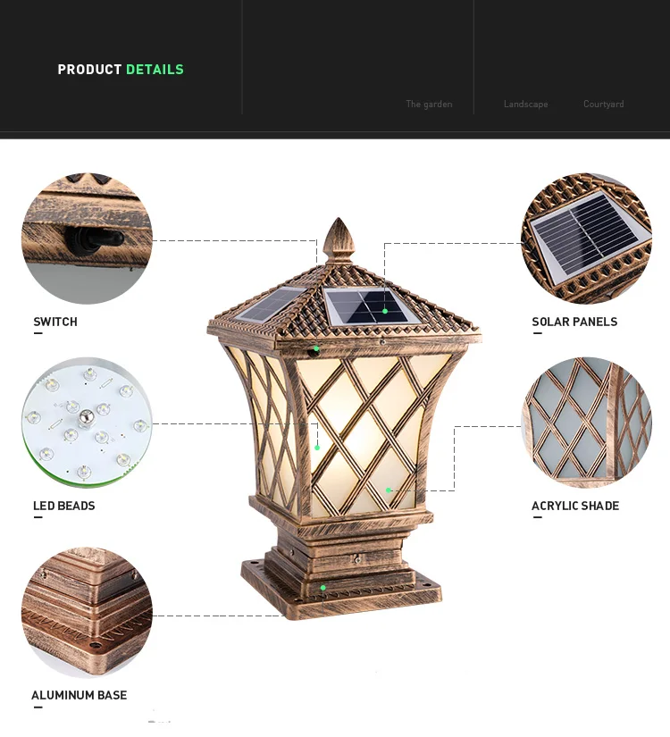 2W 3W Outdoor Aluminum Led Solar Pillar Light Within Lithium Battery Backup